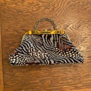 Vintage black and brown beaded animal print velvet clutch with chain handle